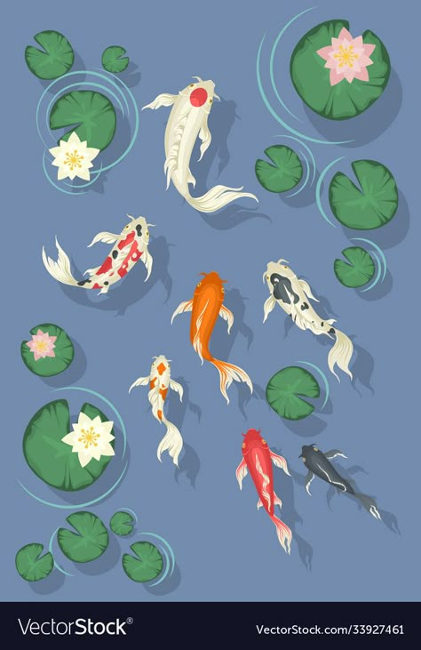 Koi fish swimming in pond with beautiful water Vector Image Coy Fish Swimming, Pond Koi Fish, Japanese Fish Pond, Koi Fish In Pond Drawing, Koi Pond Illustration, Koi Fish Pond Drawing, Koi Pond Drawing, Fish Pond Drawing, Cartoon Koi Fish