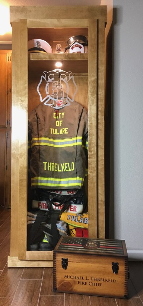 Firefighter Gear Display, Retirement Firefighter Gifts, Firefighter Shadow Box Ideas, Fire Fighter Gift Ideas, Uniform Display Ideas, Firefighter Gift Ideas, Firefighter Display, Firefighter Bar, Fire Dept Decor