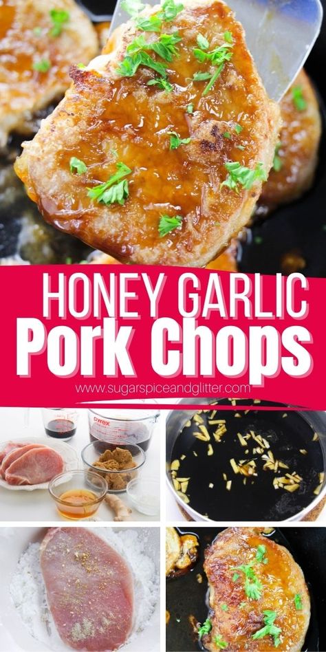 Lightly breaded, seasoned pork chops with the EASIEST homemade honey garlic sauce - these Baked Honey Garlic Pork Chops are sure to be a new family favorite! Garlic Honey Pork Chops, Homemade Honey Garlic Sauce, Seasoned Pork Chops, Pork Chops Bone In, Honey Pork Chops, Honey Garlic Pork, Garlic Pork Chops, Garlic Pork, Honey Garlic Pork Chops