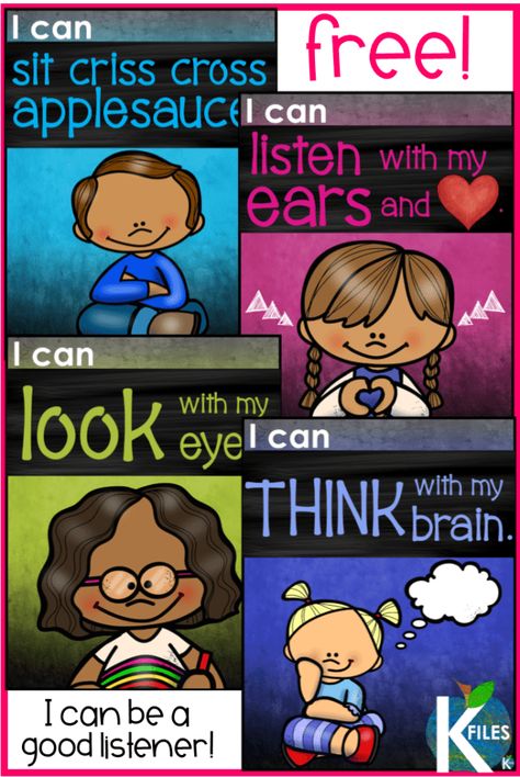 Hang this FREE poster set front and center at your meeting area during back to school!  This "I Can Be a Good Listener" poster set will be a visual reminder for your students to follow classroom rules with I can statements.  Great tool for classroom management and behavior management! A great back to school bulletin board too! Kindergarten I Can Statements Free, Preschool I Can Statements, Circle Time Rules Free Printable, Free Classroom Rules Printables, Melonheadz Classroom, Be A Good Listener, Classroom Posters Free, Classroom Discipline, A Good Listener