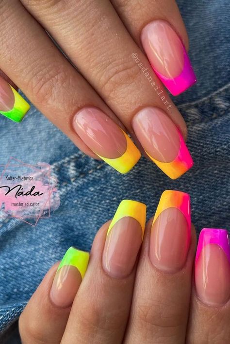 Get your nails summer-ready with these neon pop French tips! These bright colors will make your fingertips pop and add a fun touch to your summer outfits. Perfect for beach trips or pool days. #summernails #neonpop #frenchtips #nailart #beautytips Summer Nails Neon, Coco Nails, Feet Nail Design, Neon Nail Designs, Summer Nail Designs, Romantic Nails, Bright Nails, Neon Nails, Clear Nails