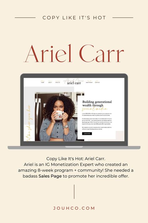 Copy served hot off the press. In today's Copy Like It's Hot post, I highlight my client: Ariel Carr. Launching her Instagram and zeroing in on a strategy, she made $100k in 90 days! Ever since then, she has made it her mission to help entrepreneurs and hustlers find success on Instagram and monetize the heck out of the platform!  client spotlight, case study, sales copy, landing page, website copy, storytelling, sales copy, copywriting, client feature, copy tips, social media manager Website Copy, Brand Strategist, It's Hot, Business Resources, Ariel, Social Media Manager, Landing Page, Case Study, Content Marketing