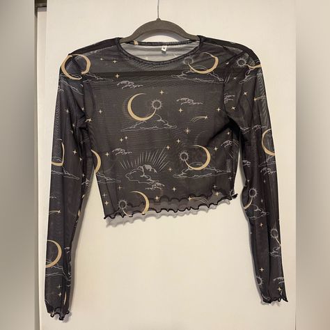 Sheer Witchy Cropped Shirt With Moons And Clouds. Never Worn Moon Aesthetic Clothing, Astrology Aesthetic Clothes, Moon Outfit Ideas, Saint Outfit, Moon Inspired Outfits, Witchy Clothes Aesthetic, Whimsigoth Shirt, Genshin Clothes, Witchcore Fashion