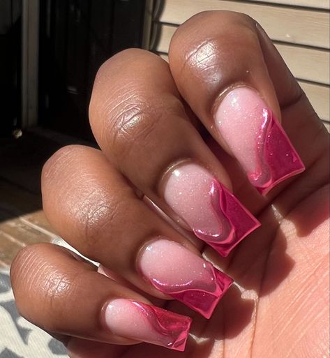 chrome pink, french tips, nail inspiration, nail tech Short Square Chrome French Tip, Hot Pink French Tip Chrome Nails, Pink Friday Nails, Pink Chrome French Tip Nails Square, Hot Pink Chrome Nails French Tip, Chrome Pink Square Nails, Pink Metalic French Tips, Pink Chrome French Tip Nails, Nails Metallic Chrome