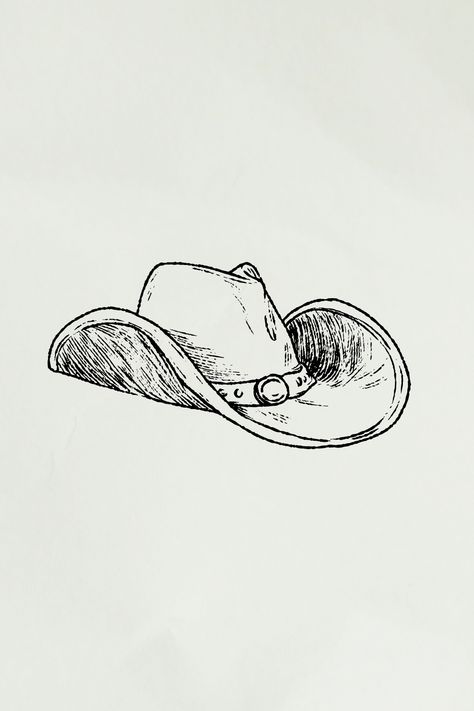 Cow Boy Hat Sketch, Cowboy Drawing Easy, Cowboy Hat Sketch, Cowboy Line Art, Western Drawing Ideas, Western Doodles, Cowboy Hat Art, Cowboy Sketch, Hat Sketch