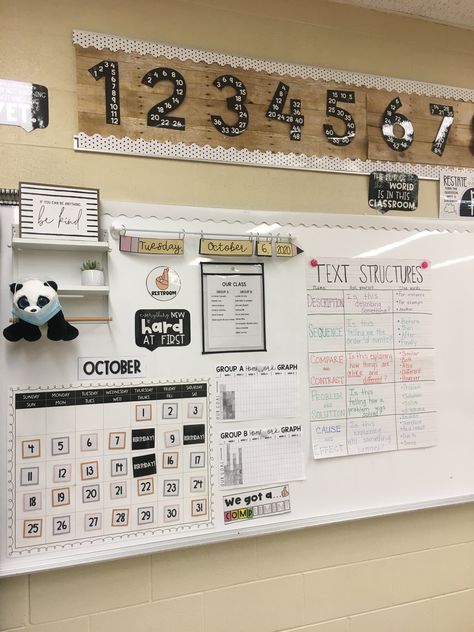 @Leapof4th neutral decor 5 Grade Classroom Decor, Neutral Elementary Classroom, Beige Classroom Aesthetic, Neutral Colored Classroom, Farmhouse Kindergarten Classroom, Classroom Whiteboard Ideas Organization, Classroom Decor Minimalist, Whiteboard Homeschool, Classroom White Board Ideas