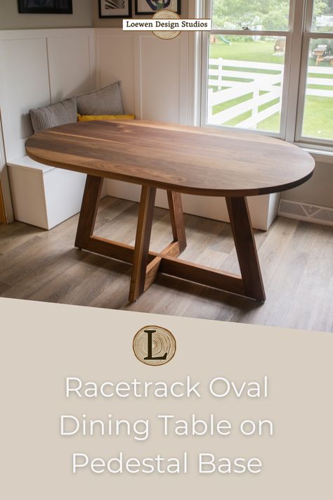 Experience the sleek sophistication of our Racetrack Oval Dining Table. Crafted from solid hardwoods, this oval-shaped table features a pedestal base for stability and added elegance. The elegant lines of this table give it a modern look that will be sure to elevate the overall atmosphere of any dining space. Its sophisticated design and quality craftsmanship make it a timeless piece that you and your guests will enjoy for years to come. Check it out on our website today! Oval Table Base, Small Dining Room Ideas Oval Table, Oval Shaped Dining Table, Dining Room Table Pedestal Base, Racetrack Dining Table, Oval Dining Room Table With Bench, Table Pedestal Base Ideas, Oval Shape Dining Table, Pedestal Table Base Diy