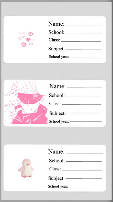 Aesthetic Name Slips For Notebook, Name Tag Design For Notebook, Name Tag Anime Design, Pink Name Tag Template, Label Design For Notebooks, Name Slips For Notebook Printable, Name Stickers For School Aesthetic, Notebook Label Ideas, Name Template For Notebook