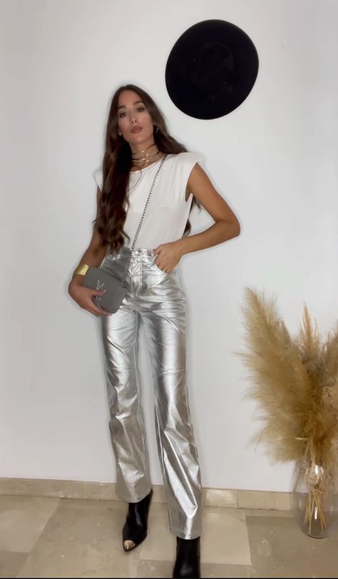 Silver Pants Outfit, Metallic Pants Outfit, 2023 Clothes, Metallic Trousers, Silver Outfits, Silver Pants, Fashion Moodboard, Pnina Tornai, Metallic Pants