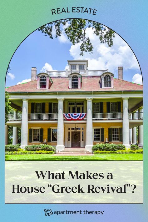 The term “Greek Revival” refers to a specific architectural style in the U.S. — but could you pick it out of a lineup? Here’s how to tell what makes a home Greek Revival. Greek Revival Home Interior, Greek Revival Home Interior Decor, Modern Greek Revival Home, Greek Revival Home Exterior, Greek Revival Exterior, Greek Revival Interiors, Greek Revival House Plans, Southern Style Decor, Greek Revival Farmhouse