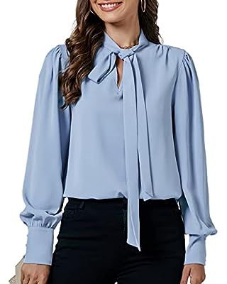 Rooscier Women's Bow Tie Neck Long Sleeve Buttton Cuff Chiffon Elegant Blouse at Amazon Women’s Clothing store Mock Neck Long Sleeve, Women's Tie, Elegant Blouses, Womens Tie, Tie Knots, Blouse Shirt, Tie Neck, Amazon Women, Bow Tie