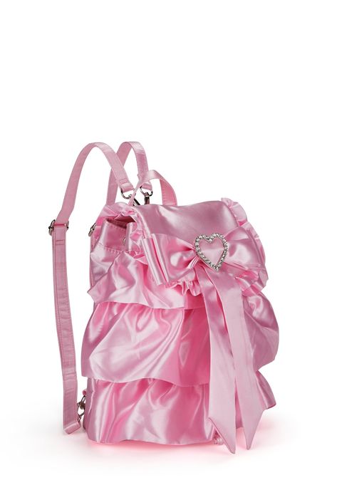 cuz you're gonna rule the school. This mini backpack has a satin construction, a ruffled trim, an inner patch pocket, drawstring ties, detachable and adjustable shoulder straps, a top flap with a ribbon and rhinestone heart, and a snap button closure. Sugar Thrillz, Girly Bags, Pink Girly Things, Girly Accessories, Fancy Bags, Pretty Bags, Rhinestone Heart, Pink Backpack, Cute Purses