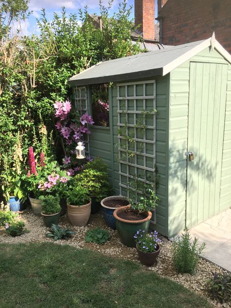 Back Shed Ideas, Pretty Sheds Ideas, Disguise Garden Shed, Back Of Shed Ideas, Sage Green Playhouse, Pretty Garden Sheds, Green Shed Ideas, Small New Build Garden, Pretty Shed Ideas