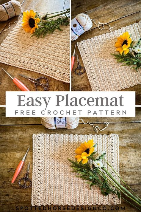 This is a free crochet placemat pattern featuring the herringbone double crochet stitch. Use this lovely placemat to add simplicity and elegance to your table setting. Crochet Placement Free Pattern, Easy Crochet Rectangle Placemat, Crochet Holiday Placemats Free Pattern, Crochet Circular Placemat, Placemats Crochet Patterns, Crochet Patterns Placemats, Crochet Cotton Placemats Free Pattern, Place Mat Crochet Free Pattern, Crochet Table Placemats Free Pattern