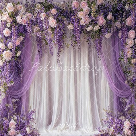 Purple And Green Backdrop, Purple Flowers Decoration, Pink And Purple Backdrop, Purple Wedding Backdrop Ideas, Wisteria Quinceanera Theme, Midsummer Nights Dream Sweet 16, Purple Quince Backdrop, Purple Floral Birthday Party, Lilac Decorations