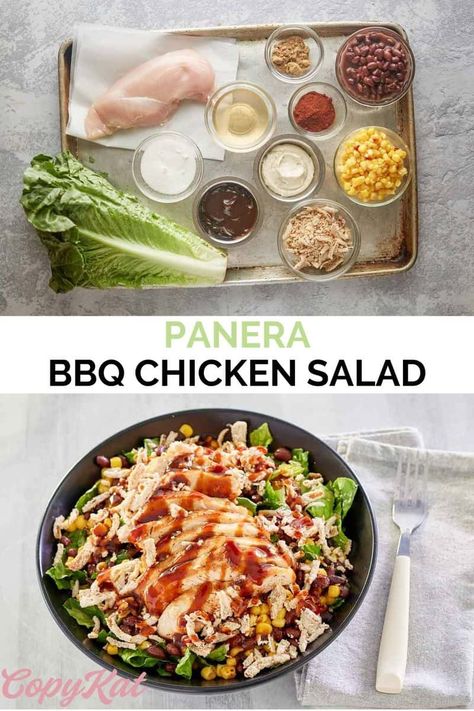 Panera BBQ Chicken Salad is loaded with flavor! Get the easy copycat recipe and find out how to make the best salad with grilled chicken, black bean corn salsa, crispy fried onions, and BBQ ranch dressing. Fresh ingredients and homemade dressing make this DIY barbecue chicken salad better than getting one at Panera. #bbqchickensalad #panera #copycat #copycatrecipe Barbecue Ranch Dressing, Barbecue Ranch Chicken Salad, Panera Bbq Chicken Salad, Barbecue Chicken Salad, Bbq Chicken Salad Recipe, Bbq Ranch Dressing, Panera Salad, Bean Corn Salsa, Chicken Black Bean