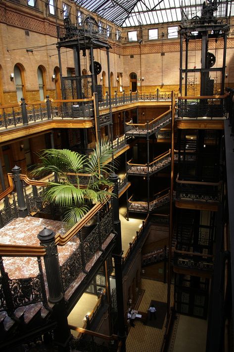 Victorian Industrial, Bradbury Building, Art Deco Office, Iron Staircase, Covered Walkway, Industrial Building, Brick Architecture, Fantasy Places, Frank Lloyd Wright