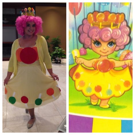 Halloween costume 2013: Princess Lolly from Candy Land. Dress and cardigan: already owned. Wig: Party City. Crown: Target (party favors). Lollipops for crown: Party city. Lollipops on dress made from felt and sewed on. Probably my favorite costume I've done in a few years! Princess Lollipop Costume, Candy Land Theme Costumes, Princess Lolly Candyland, Candy Land Characters Costumes, Candy Land Costumes Women, Candy Land Halloween Costumes, Candyland Costume Diy, Candyland Halloween Costume, Princess Lolly Costume