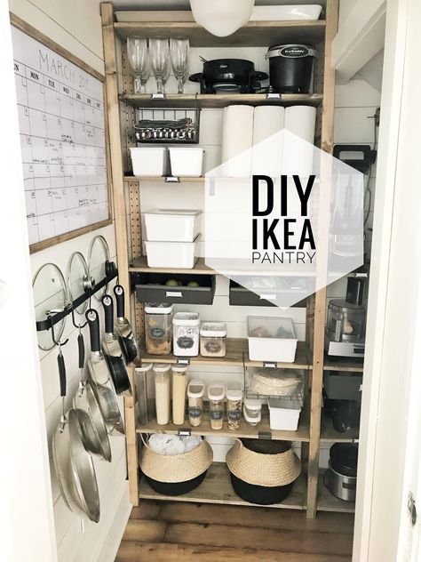 OUR DIY PANTRY!! | Proverbs 31 Girl No Pantry Solutions Kitchens, Ikea Pantry Storage, Kitchen Without Pantry, Ikea Pantry, No Pantry Solutions, Cabin Remodel, Front Closet, Farmhouse Pantry, Ikea Finds