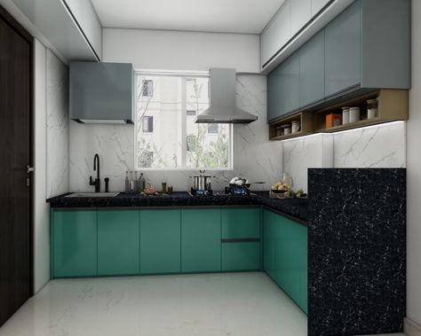 L Shape Modular Kitchen Design With Sea Green And Silver Frost Kitchen Cabinets | Livspace L Shaped Kitchen Interior, U Shaped Modular Kitchen Design, Small Kitchen Modular Design, L Shaped Kitchen Cabinets, Modern L Shaped Kitchens, L Shape Kitchen Design, L Shaped Modular Kitchen, L Shaped Kitchen Designs, Kitchen Design Tips