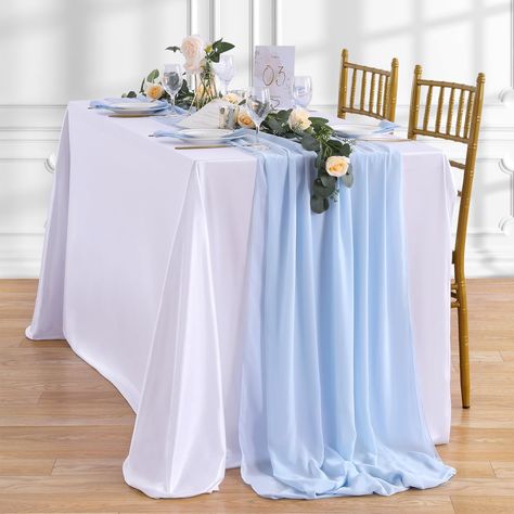 PRICES MAY VARY. Chiffon Imported Chiffon Table Runner: 1Pcs 27"width 120"length blue table runner with 2 pcs white ribbons. Our light blue table runner is fits for 6-10 seats table. Long Wedding Table Runner: This soft chiffon table runner is made of 100% Polyester. Soft chiffon velvet. Washable, durable and reusable. Blue Chiffon Table Runner Rustic Wedding Decoration: Perfect table runner for wedding, bridal shower, baby shower, birthday parties, ceremony, Thanksgiving, Christmas, Halloween a Blue And Pink Dessert Table, Coastal Party Decor, Last Toast On The Coast Bachelorette Decor, Simple Table Decorations For Birthday, Light Blue Table Setting, Baby Blue Decorations, Baby Blue And White Wedding, Blue Chiffon Table Runner, Dreamy Pools