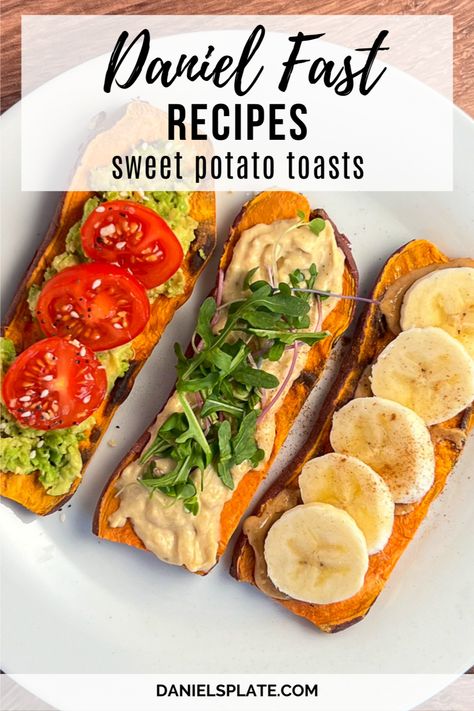 Are you doing the Daniel Fast? This tasty and fun sweet potato toast is made in the air fryer. We're giving you three ways to enjoy this healthy breakfast. It's all vegan, gluten-free, soy-free, oil-free, and a meal prep favorite. Check out this and other Daniel Fast recipes here... Sweet Potato Daniel Fast Recipes, Daniel Fast Sweet Potato Recipes, Daniel Fast Bread, Daniel Fast Desserts, Daniels Fast Recipes, Daniel Fast Recipes 21 Day Meal Plan, Daniel Fast Recipes Breakfast, Daniel Diet Recipes, Daniel Fast Breakfast