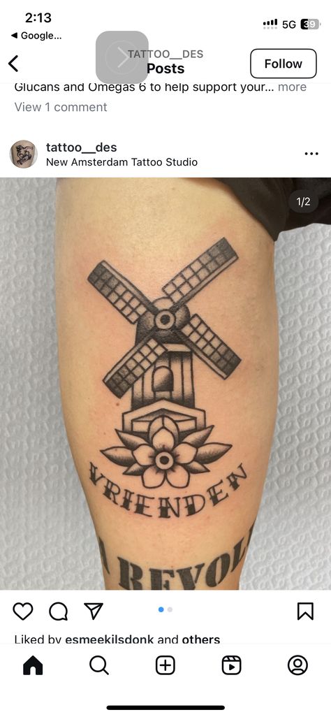 Simple Windmill Tattoo, Wind Turbine Tattoo, Windmill And Tulips Tattoo, Moulin Rouge Windmill Tattoo, Windmill Tattoo, Windmill Tattoo Dutch, Amsterdam Tattoo, Tattoo Studio, Tatting