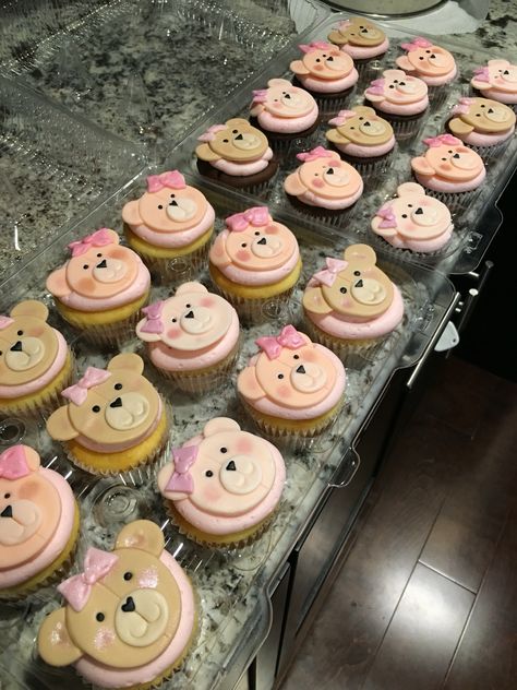 Build-A-Bear custom cupcakes Bear Baby Shower Cupcakes, We Can Bearly Wait Cupcakes, Teddy Bear Baby Shower Cupcakes, Baby Girl Bear Shower Ideas, Teddy Bear Theme Party 1st Birthdays Pink, Teddy Bear Baby Shower Cake Girl, Pink Teddy Bear Cupcakes, Pink Bear Cupcakes, Pink Bear Cake