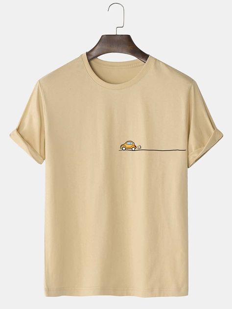 Apricot Casual  Short Sleeve Cotton Car  Embellished Non-Stretch Summer Men Tops Minimal Tshirt Design For Men, T Shirt Painting For Men, Mens Tshirts Design Ideas, Ideas For Tshirt Design, Tshirt Painting For Men, Trendy Shirt Designs For Men, Mens Tshirt Print Design, Teshert Design, Creative T Shirt Design Inspiration