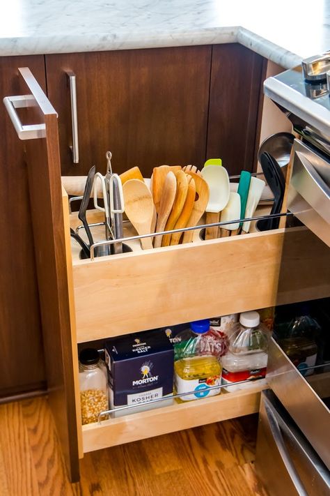 Utensil storage next to range. Pull out Utensil storage. Serving Utensil Storage, Narrow Cabinet Kitchen, Cooking Utensil Storage, Kitchen With Peninsula, Pull Out Storage, Kitchens Modern, Kitchen Utensil Storage, Kitchen Racks, Unique Kitchen Design