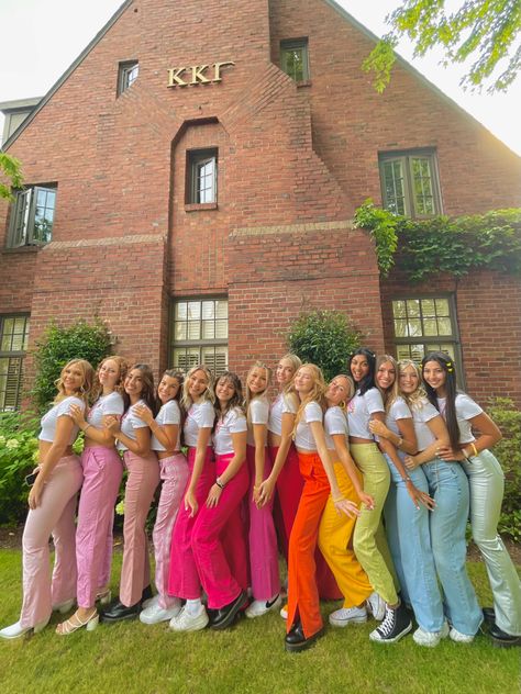 Sorority Membership Ideas, Rainbow Group Outfit, Pin Attire Sorority, Sorority Recruitment Outfits Sisterhood, Recruitment Outfits Color Schemes, Sority Girl Aesthetic, Sorority Recruitment Events Ideas, Soroity Girls Aesthetic, Sorority Philanthropy Outfits