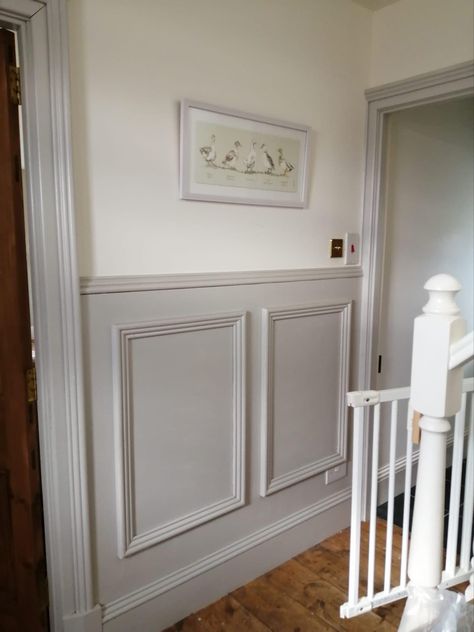 Top - F&B Pointing, Bottom -F&B Cornforth White Cornforth White Woodwork, Grey Panelled Hallway, Painted Doors And Skirting, Pointing Farrow And Ball Hallway, Painted Waistcoating, Farrow And Ball Panelling, Pointing Farrow And Ball, Cornforth White Bedroom, Panelled Staircase