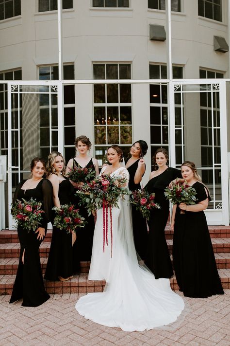 Lovely black bridesmaids dresses for this stunning timeless wedding in Florida. Chic and classic look! See the rest of the wedding photos at thebridalfinery.com! Black Bridesmaids Dresses // Black and White Wedding // Long Sleeve Wedding Dresses // Florida Weddings Black Bridesmaids Dress Winter, December Wedding Black Bridesmaid Dresses, Black Long Sleeve Bridesmaid Dresses, Winter Black Bridesmaid Dresses, Black Winter Bridesmaid Dresses, Black And White Christmas Wedding, Black Bridesmaid Dresses Winter, Bridesmaid Dresses Black And White, Black Bridesmaid Dresses Fall