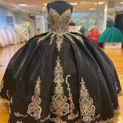 Beading Quinceanera Dresses Gold Sequin Applique Princess Ball Gown With Cape | eBay Princess Sweet 16, Black Quinceanera Dresses, Exclusive Gowns, Black Ball Gown, Flora Dress, Princess Skirt, Wedding Dresses With Flowers, Wedding Flower Girl Dresses, Prom Dresses Modest