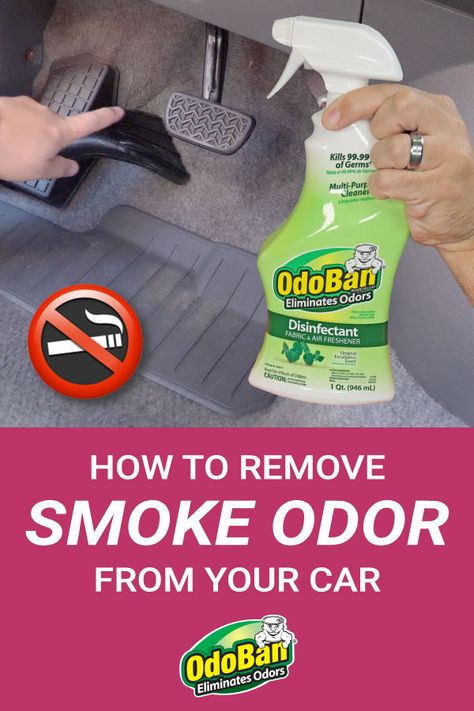 Ready to get rid of smoke smell in your car for good? Learn how to get smoke smell out of your car, including how to remove cigarette smell from cars. Cigarette smoke smell and cigar smoke smell can stick to car surfaces, leaving a strong smell. So what’s the best way to get smoke smell out of a car? OdoBan is a perfect smoke odor remover! OdoBan eliminates odors at the source, and can help you get rid of smoke smell once and for all! Car Odor Eliminator Diy, Car Cleaning Hacks Diy, Odor Eliminator Diy, Car Deodorizer, Car Odor Eliminator, Smell Remover, Car Care Tips, School Car, Diy Cleaning Hacks