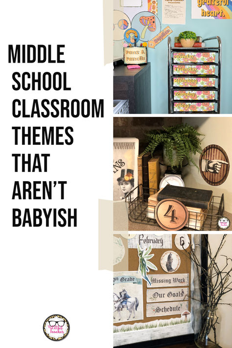 Here are ideas for 12 different middle school classroom décor themes that are fun but age-appropriate! How To Decorate A History Classroom, Indiana Jones Bulletin Board, 7th Grade Classroom Decor, History Teacher Classroom Decor Middle School, Middle School Music Classroom Decor, Classroom Themes For Middle School, Middle School Classroom Decorating Ideas, Elementary Music Classroom Decor Themes, High School Decor