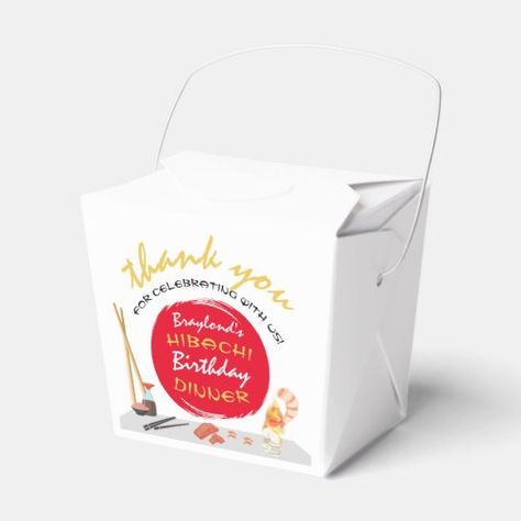 Hibachi Birthday Party Ideas, Hibachi Party Decor, Hibachi Birthday Party, Hibachi Party, Dinner Party Favors, Japanese Dinner, Favor Boxes Birthday, Japanese Birthday, Birthday Goodie Bags