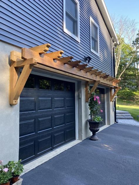 Garage Door Pergola, Ranch House Exterior Makeover, Door Pergola, Cabin Style Homes, Garage Pergola, Gray House Exterior, Houston Houses, Ranch House Exterior, Garage Exterior