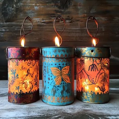 DIY Upcycled Tin Can Lanterns Can Crafts Tin Diy, Tea Tins Repurposed, Metal Can Crafts, Old Tin Projects, Tin Can Crafts Diy Upcycle, Tin Can Crafts Diy, Tin Can Lights, Painted Tin Cans, Can Lanterns