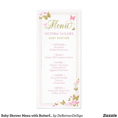 Baby Shower Menu with Butterflies Baby Shower Food Menu, Baby Shower Appetizers, Butterfly Baby Shower Decorations, Walnut Chicken, Butterfly Baby Shower Theme, Baby Shower Menu, Chocolate Souffle, Butterfly Baby Shower, Rack Card