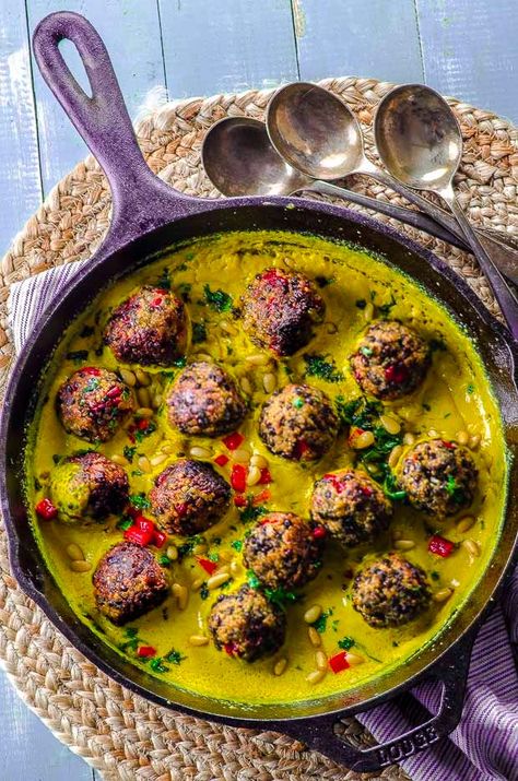 Quinoa Lentil Meatballs in Tahini-Turmeric Sauce - We created this recipes to celebrate our Cookbook launch. This easy recipe creates a magnificent dish in both taste and presentation.  Best yet, you can cook these meatless meatballs in either their vegetarian or vegan preparations without losing any of their incredibly rich flavor. #Vegan #cookbook #Middle Eastern #Tahini #Turmeric #tahiniandturmeric #recipe #meatballs #Quinoa #lentil Lentil Balls Vegetarian Meatballs, Fancy Vegan Dinner, Egg Salad No Mayo, Cottage Cheese Egg Salad, Turmeric Sauce, Lentil Balls, Vegan Quinoa Recipes, Recipe Meatballs, Shavuot Recipes