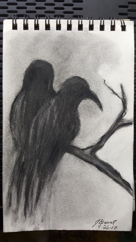 Crow On A Branch, Easy Charcoal Drawings, Charcoal Drawing Tutorial, Crows Drawing, Value Drawing, Scary Drawings, Pencil Drawing Tutorials, Charcoal Sketch, Deep Art