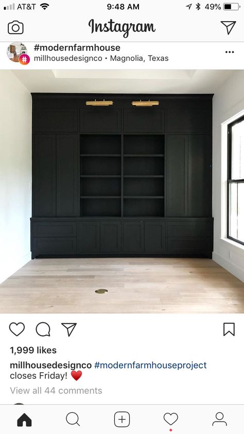 Moody Black Home Office, Office With Black Cabinets, Black Cabinet Office, Office With Built In Cabinets, Black Built In Desk, Dark Grey Built Ins, Black Office Cabinets Built Ins, Black Office Cabinets, Dark Office Built Ins