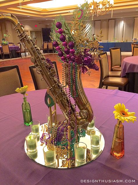 Decorating with Mardi Gras Centerpieces Mardi Gras Table Decorations Diy, Mardi Gras Prom Decorations, Saxophone Centerpieces, Marci Gras Table Decorations, Mardi Gras Party Centerpieces, Mardi Gras Table Decor, New Orleans Party Theme, Cheap Mardi Gras Decorations Diy, Mardi Gras Gala