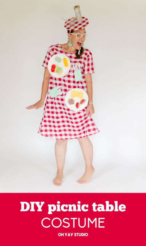 How to make a DIY picnic table costume with fake food and a table cloth.   #halloween #costume #diy #picnictable Italian Costume Ideas, Easy Last Minute Halloween Costume, Trunk Decor, Food Halloween Costumes, Italian Costume, Diy Picnic, Diy Picnic Table, Last Minute Halloween Costume, Fun Costumes