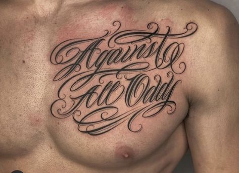 Writing Tattoos For Men Chest, Latino Tattoo Ideas, Chest Words Tattoo, Chest Font Tattoo, Tcb Tattoo, Chest Lettering Tattoo, Cheek Tattoo, Chest Tattoo Writing, Word Tattoo Designs