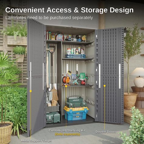 EAST OAK Outdoor Storage Shed, Waterproof Resin Tool Shed with Double Doors and Padlock, 53Cu.ft Vertical Outdoor Storage Cabinet for Garden, Patio, Backyard, 4×2.5×6.6 FT Exterior Tool Storage, Outdoor Wall Mounted Storage, Outdoor Cupboard Ideas, Outdoor Bbq Storage Ideas, Outdoor Storage Ideas Waterproof, Outdoor Cupboard, Outdoor Tool Storage, Outdoor Cabinet, Outside Storage