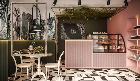 Bakery shop in Vilnius on Behance Cash Counter Design, Cash Wrap Counter, Cash Counter, Cash Wrap, Small Coffee Shop, Shop Projects, Counter Design, Bakery Shop, Autodesk 3ds Max