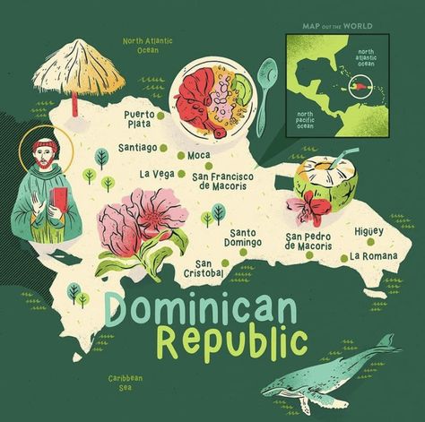 ~ Sandra Neuditschko Dominican Republic Culture, Dominican Republic Map, Heritage School, Trailer Shop, Latino Art, A6 Notebook, Map Maker, Map Illustration, Culture Day