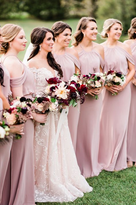 Burgundy and blush bridesmaids. Burgundy and blush bouquets. Bridesmaid bouquets. Dahlia bridesmaid bouquets. Photo by AJ Dunlap Blush And Burgundy Bridesmaids, Bridesmaid Bouquet Burgundy And Blush, Blush And Burgundy Wedding, April Wedding Colors, Pink And Burgundy Wedding, Spring Wedding Photos, Burgundy Wedding Colors, Burgundy And Blush Wedding, Dusty Rose Bridesmaid Dresses